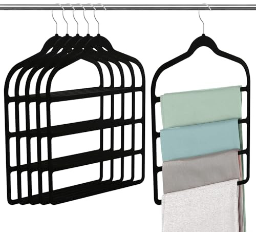 6 Pack Velvet Trouser Hangers, Space Saving Hangers for Clothes, Non-Slip Pants Hanger Jeans Hangers Multi Bar Clothes Hanger Closet Organizers Storage for Ties Belts Scarf Towel Pants