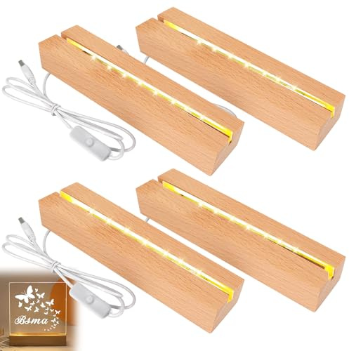 BORDEAG Led Sockel Holz, 4 Stück Led Lichtsockel USB Holzsockel 30 cm Lang, Led Leuchten Sockel Rechteckiger Beleuchteter für Acrylglas, Kristallglasplatte, Led Display Basis Warmweiß