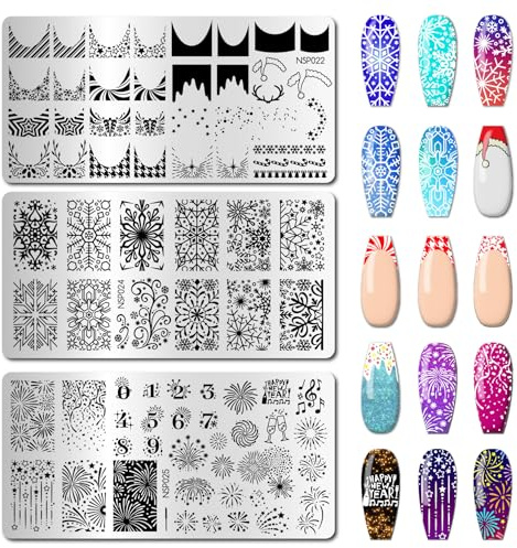arriettycraft Lot de 3 plaques de stamping pour nail art de Noël – Flocons de neige d'hiver, feux d'artifice, pointes françaises, outils de manucure en acier inoxydable pour bricolage, impression