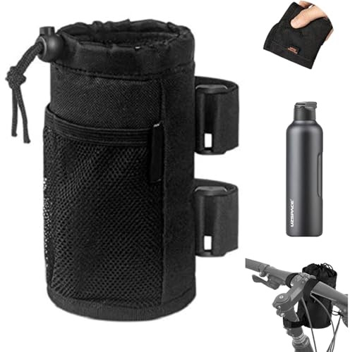 hankousi 1Pcs Bicycle Bottle Holder, Universal No-Screws Mount Handlebar Drink Carrier with Mesh Pocket and Drain Hole for Mountain Road Folding Bikes Wheelchair
