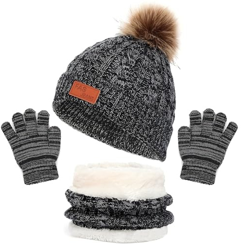 MLPKOI 3 Pcs Niños Invierno Cálido Beanie Gorro Bufanda Guantes Set, Térmico Grueso Beanie con Forro Polar Cuello Calentador Tejido Set para 1-6 Años Niños y Niñas