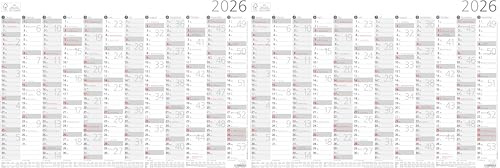 Zettler Jahresübersicht A3 12 Mon 1 Stk. plano 2026 – Plakatkalender 42 × 29,7 cm, 12 Monate auf 1 Seite, Arbeitstage- & Wochenzählung, Ferien, Mondphasen, Feiertage rot markiert, FSC Karton