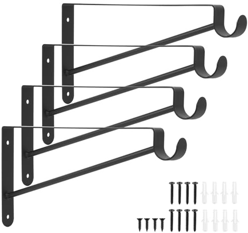4 Pcs Closet Shelf Bracket with Pole Holder, Triangle Shelf Brackets with Closet Rod Bracket Hook, Wall Mounted Right Angle Brackets Closet Supports for Closet Pole Rod Holder, Black, 10
