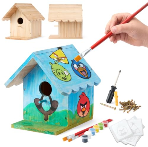 Angry Birds x WildYard DIY Vogelhaus-Bausatz - Zedernholz, zum Bemalen | Vogelhaus aus Zedernholz zum Bauen und Bemalen für Kinder und Erwachsene, mit Farbset und Schablonen.
