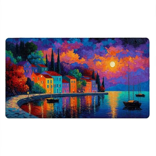 Tappetino Mouse Gaming XXL, 1600x800x3mm Grande Tappetino Scrivania Cuciti Base in Gomma, Mouse Pad Impermeabile Antiscivolo, Desktop Migliora Precisione Velocità (Barca Vista Notturna) xR7-893