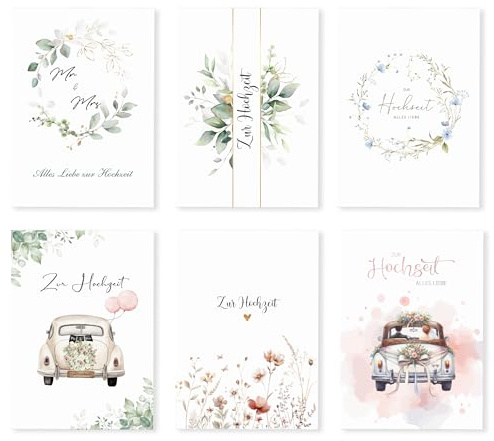 6 Stück Hochzeitskarten mit Umschlägen 12 x 17cm Glückwunschkarten Hochzeit | Premium Karten zur Hochzeit, Grußkarten für Brautpaar & Hochzeitsglückwünsche