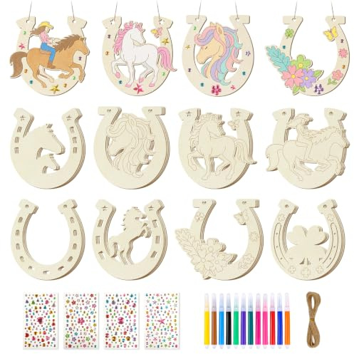 ARTREE 24 Stück Hufeisen Holz zum Bemalen, Bastelset Kinder, 8 Motive aus 3 mm Holz, Basteln Kindergeburtstag, Pferde Geburtstagsdeko, Geschenke für Mädchen, DIY Holzanhänger