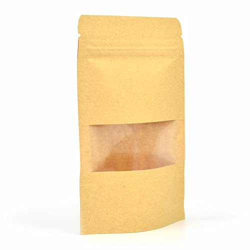 Evergreen Goods - 10 sacchetti di carta kraft marrone (90 x 140 mm), riutilizzabili, autoportanti, sigillabili, con chiusura lampo e finestra, richiudibili al calore, perfetti per tè, chicchi di