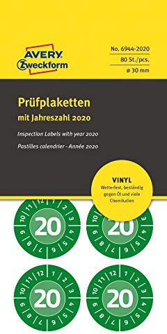 AVERY Zweckform 6944-2020 widerstandsfähige Jahres-Prüfplaketten 2020 (stark selbstklebend, Kleinformat, Ø 30 mm, 80 Aufkleber auf 10 Blatt) grün
