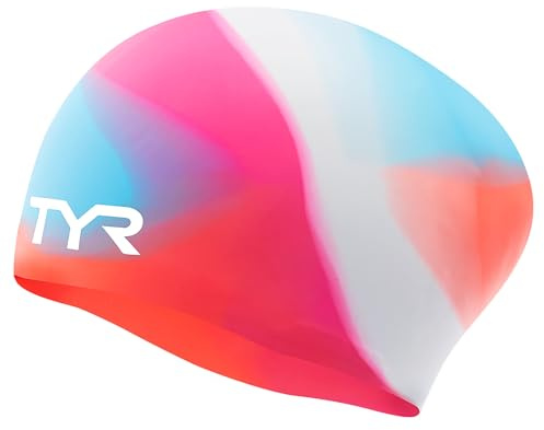 TYR Tie Dye Long Hair Silicone Swim Cap Youth, Pink Blue Orange, NA