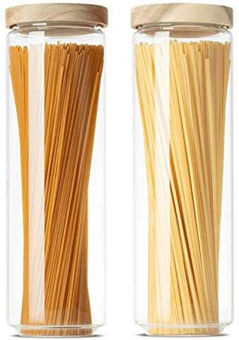 Econovo Spaghetti Vorratsglas 1500ml 2er Set, Glasbehälter luftdicht | Hohes Vorratsglas aus Borosilikatglas für Spaghetti und Nudeln, Holzdeckel mit Dichtung, stapelbar und spülmaschinenfest