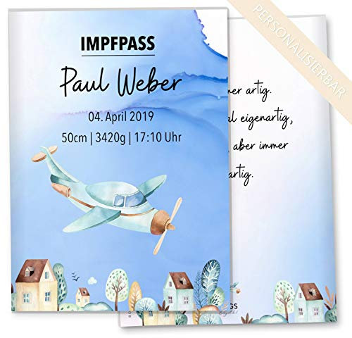 Impfpasshülle Flugzeug Ausweishülle Schutzhülle für Dokumente & Impfpass MIT DER GRÖßE 9,3 x 13CM personalisierbar mit Namen (City Flugzeug, Impfpasshülle personalisiert)