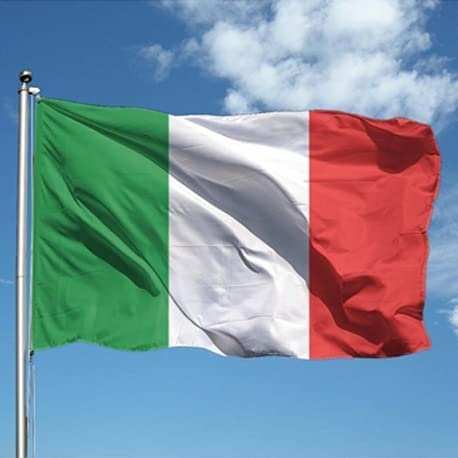 Bandera de Italia de 70 x 100 cm, de poliéster náutico de 115 g/m², con doble pliegue perimetral, cuerda y revestimiento. Apto tanto para interior como para exterior. Fabricado en Italia.