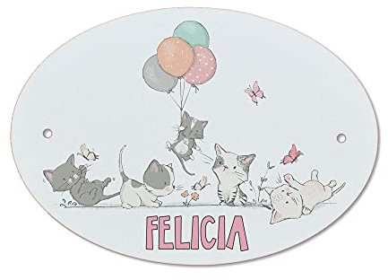 FEENSTAUB Türschild Kinderzimmer mit Name personalisiert, Katze, Namensschild Kinder, Türnamenschilder Babyzimmer, Türbeschilderung, Ovales Kunststoffschild, Zimmerschild