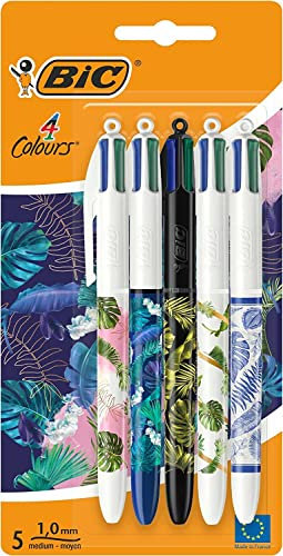 Bic Bolígrafos Decor - Paquete de 5 Bolígrafos 4 Colores Diseño Botanical Surtido Tinta Azul, Verde, Rojo y Negro - 1.0 mm