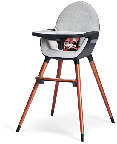 kk Kinderkraft FINIX Hochstuhl Baby ab 6 Monate bis 5 Jahre, Kinderhochstuhl 2in1 für ältere Kinder, Beine aus Holz, Verstellbare Rückenlehne Tablett Fußstütze, Stilvolles Design, Grau