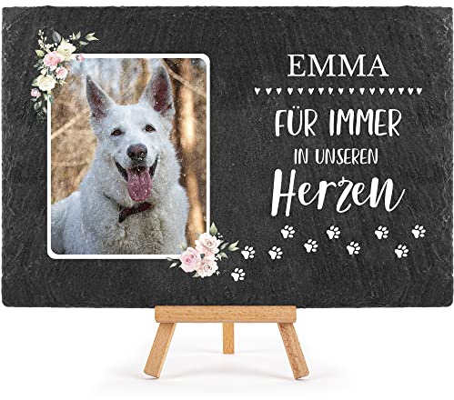Schieferplatte Gedenktafel für Hund & Katze - mit Foto und Name bedrucken - Für immer in unseren Herzen - Tiergrabstein, wetterfest - Schiefertafel 20x30cm I personalisiert