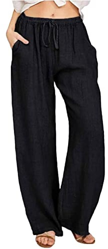 Yutdeng Women's Cotton Linen Trousers Summer Casual Pants Elasticated Waist Pants with Pockets Wide Leg Drawstring Lightweight Comfy Loose Trousers for Sports Running Joggers,Black,XXL