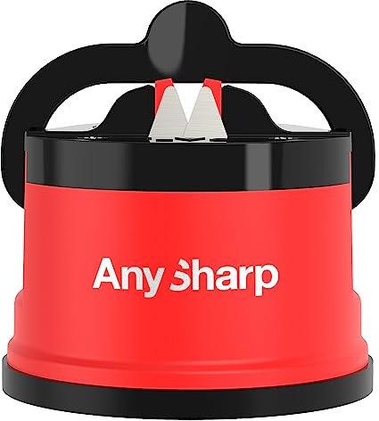 AnySharp Messerschärfer | Freihändige Sicherheit, PowerGrip Saugnapf | Sicheres Schärfen aller Küchenmesser | Ideal für gehärteten Stahl & Wellenschliff | Weltbeste Qualität | Kompakt | Rot