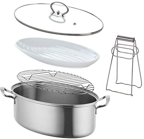 HMWOKPOT Fischdampfgarer Aus Edelstahl - Ovaler Mehrzweck-Kochgeschirr-Suppentopf Mit Gestell, Keramikpfanne, Spannfutter Zum Dämpfen Von Fisch, Kochender Suppe,E