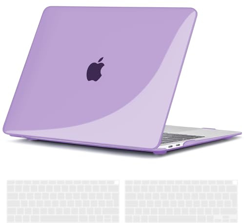 TECOOL Funda para MacBook Air 13 Pulgadas M1 A2337 A2179 A1932, 2020 2019 2018 Touch ID, Carcasa Protectora Dura de Plástico Brillante y Cubierta del Teclado Español, Cristal violeta