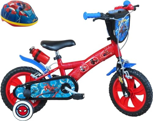 A.T.L.A.S. Spindelmannen-cykel utrustad med 2 bromsar, dekorativ frontplatta, slamskydd, hölje och stabilisatorer. + Spiderman-hjälm ingår, röd identisk med bilderna
