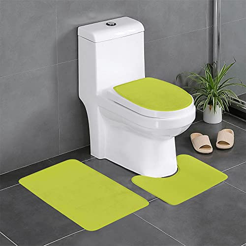 TRESILA 3-teiliges Badematten-Set, rutschfest, Badezimmermatte, WC-Vorleger, Teppich, Flanell, Bodenmatte, Druck, Türmatten – Oliveganlan Gelb Grün