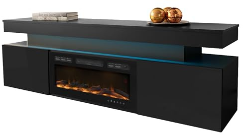 Mirjan24 TV-Lowboard Serkuzo EF 2D mit Elektrokamin (Schwarz Hochglanz) | Realistische LED-Flamme mit 10 Farben, Heizfunktion bis 20 m², Fernbedienung und gehärtetem Glas, B/H/T: 190/59/41 cm