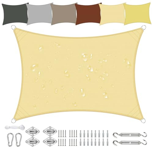 Sichtschutz Sonnensegel Wasserdicht Rechteckig 1x2m aus PES-Polyester 95% UV-Schutz Witterungsbeständig Reißfest in Vielen Größen und Farben mit Befestigungsset für Terrasse Garten Balkon-Beige