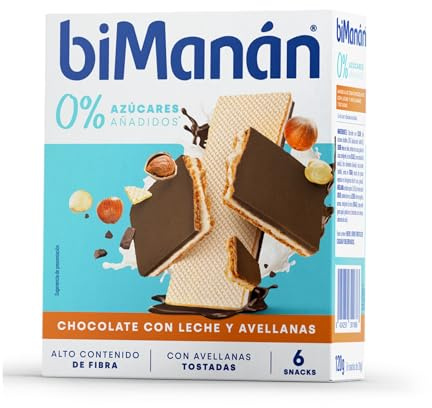 BIMANÁN Barquillos de Chocolate con Avellanas 0% Azúcares Añadidos, Controla el Hambre Entre Horas, Ayudan a Controlar el Peso, Bajo en Kcal, Rico en Fibra, Sin Aceite de Palma - 6 x 20 g: 120 g