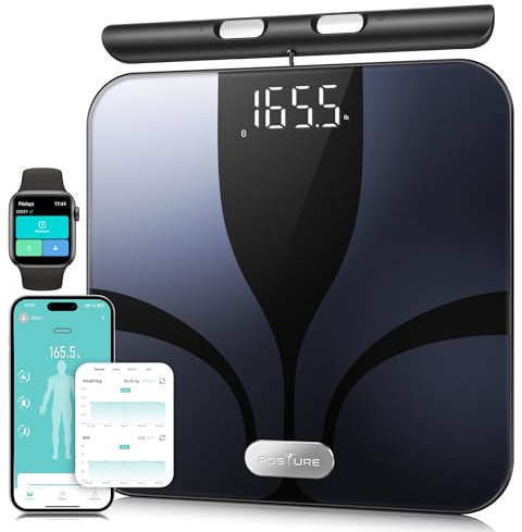 Bilancia Pesapersone Digitale Percentuale di Grasso 8 Elettrodi, Piattaforma Grande, Analizza 28 Elementi della Composizione Corporea, BMI, Bilancia Intelligente da Bagno Sync App, 180 kg