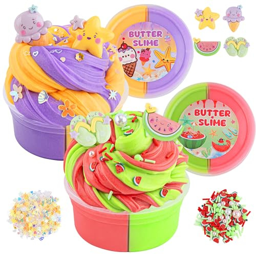 LAWOHO Butter Slime Set enthält 2X120ml zweifarbige Butter Schleim mit 6 Packungen Slime Add-Ins, Fluffy Slime für Kinder Party Favors, Schleim Kinder Set für Mädchen Jungen im Alter von 8-12 (Beach)