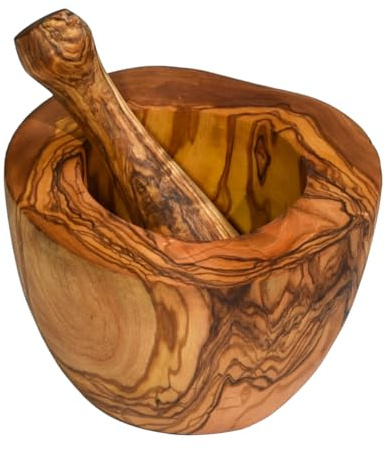 Cleminson® Set di mortaio e pestello in legno d'ulivo realizzato a mano, essenziale per macinare spezie ed erbe aromatiche