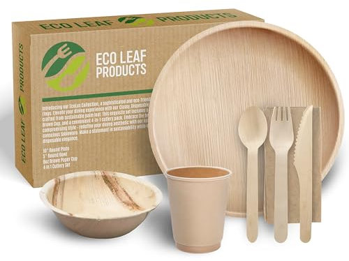ECO Leaf 175 Pcs Disposable Palm Leaf Dinner Set | 25 X 10 Round Plates, 5 Round Bowls, 8oz Bamboo Paper Cups, Wooden Cutlery Set | Eco-Friendly Heavy-Duty Bundle for Wedding, Party, Picnic