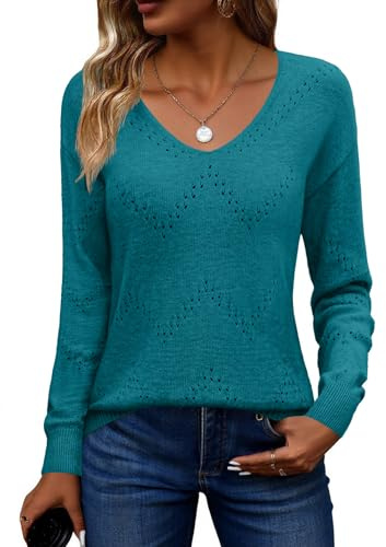 Zeagoo Maglione Donna Con Scollo a V - Traforato Autunno Inverno, Manica Lunga, Maglia all'Uncinetto Caldo Top Blu M