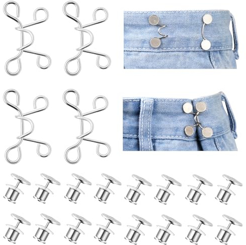 Jeans Button Tightener, 4 Set Pants Clips to Tighten Waist Adjustable Pant Waist Buckle Extender Waists Cincher Clip Metal Jean Button Pins for Women Girls Loose Jeans Pants Make Smaller