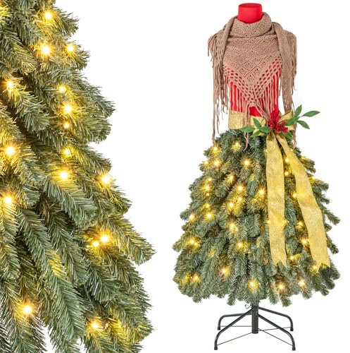 COSTWAY Arbol de Navidad con Luces Incorporadas 150cm, Arbol de Navidad con Luces Integradas en Forma de Vestido, 100Luces Cálidas, 248 Puntas de PVC, Berries Rojas, Arvore de Natal Hogar Fiesta