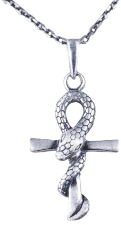 KAMBO Pendentif Ankh et serpent en argent sterling 925 – Fait à la main Symbole de vie et de transformation – Collier en forme de croix – Taille M – Argent sterling – Sans pierre précieuse, Medium