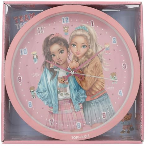 Depesche 13228 TOPModel Team Teddy - Horloge Murale en Rose pour Enfants, avec Motif de modèle et Ourson, Horloge silencieuse, Pile Incluse