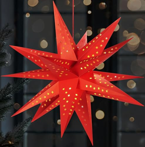 BRUBAKER 3D Weihnachtsstern für Innen - 60 cm XXL Leuchtstern - Batteriebetrieben mit Timer - LED Stern Hängend - Adventsstern für Fensterdeko und Weihnachtsdeko - Papierstern Weihnachten - Rot