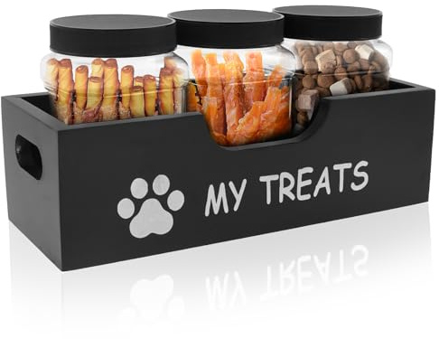 Fyeme Dog Treat Container Wood Dog Treat Holder with 3 Plastic Jar Dog Treat Jar Set Dog Biscuit Storage Jar Reusable Dog Treat Holder Dog Treat Storage Container Pet Food Storage Organizer (black)