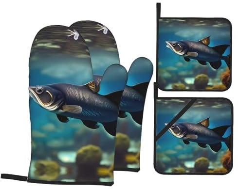 Subaquatic - Set di 4 guanti da forno e presine con stampa di pesce gatto, per cucina, donne, uomini, cottura al forno a microonde, resistenti al calore