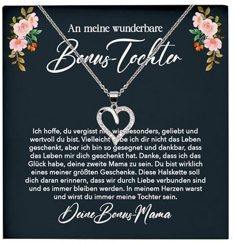 22Feels Stieftochter Geschenk: Echt Silber 925/000 Damen Colliers mit 23 Zirkonia Steinen - Frauen und Mädchen Herz Halsketten mit Botschaftskarten Made In Germany