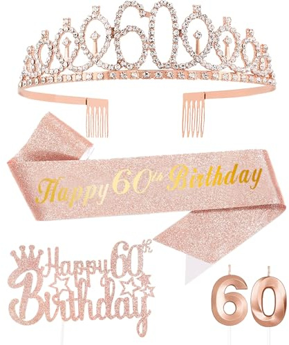 FUNCANDLE Rose Gold 60th Birthday Party Supplies Set -Rose Gold Cake Topper, Tiara Crown, Sash & Rosegold Candle for Girls Women Party Decorations Idea