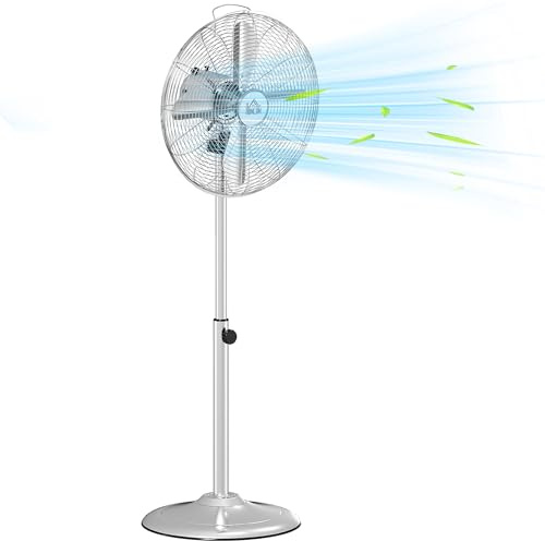 HOMCOM Ventilateur sur pied puissant 50 W, ventilateur réglable en hauteur 87-120 cm, 3 vitesses, oscillation 70° et inclinaison de la tête réglable, argent