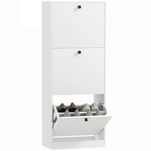 HOMCOM Schuhschrank mit 3 Klappen für 12 Paar Schuhe 47 x 26 x 120 cm Weiß | Schuhregal, Verstellbar Trennwand, Schuhkommode, Schmal Schuhkipper