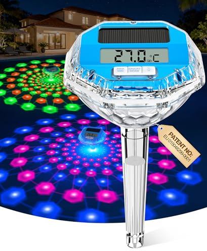 LanBlu Pool Thermometer Schwimmend mit Lichtshow, Solar Poolthermometer Digital Nacht Leicht zu Lesen, Große LCD-Bildschirm Schwimmende Pool Wasser Thermometers, Schwimmbad Thermometer für Pools