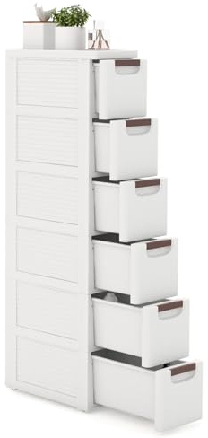 GOPLUS Nischenschrank schmal, Badschrank klein mit Schubladen & Rollen, Toilettenschrank für Toilettenpapier, Nischenwagen Nischenregal Apothekerschrank Badezimmerschrank (mit 6 Schubladen)
