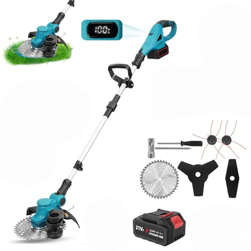 Desbrozadora eléctrica inalámbrica para Makita 18 V, 9 pulgadas desbrozadora de césped plegable con 4 tipos de cuchillas, ajustable a 90 °, desbrozadora de batería para jardín (1 batería)