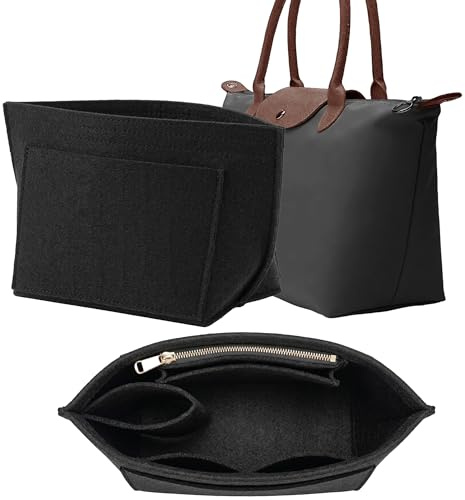 Generic Taschen-Organizer Einsatz Passend Für Longchamp LE PLIAGE, Filz Organizer Mit Reißverschluss 7 Fächer Und Getränkehalter, Strukturierter Einsatz Für Faltbare Taschen Mit Langer Griff